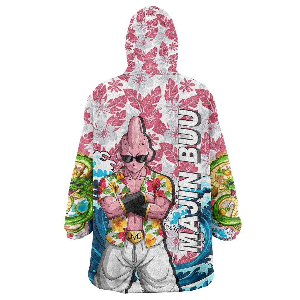 Majin Buu Dragon Ball Summer Theme Wearable Blanket Hoodie with Floral Shirt Sunglasses Shenron and Ocean Wave Background - The Mazicc