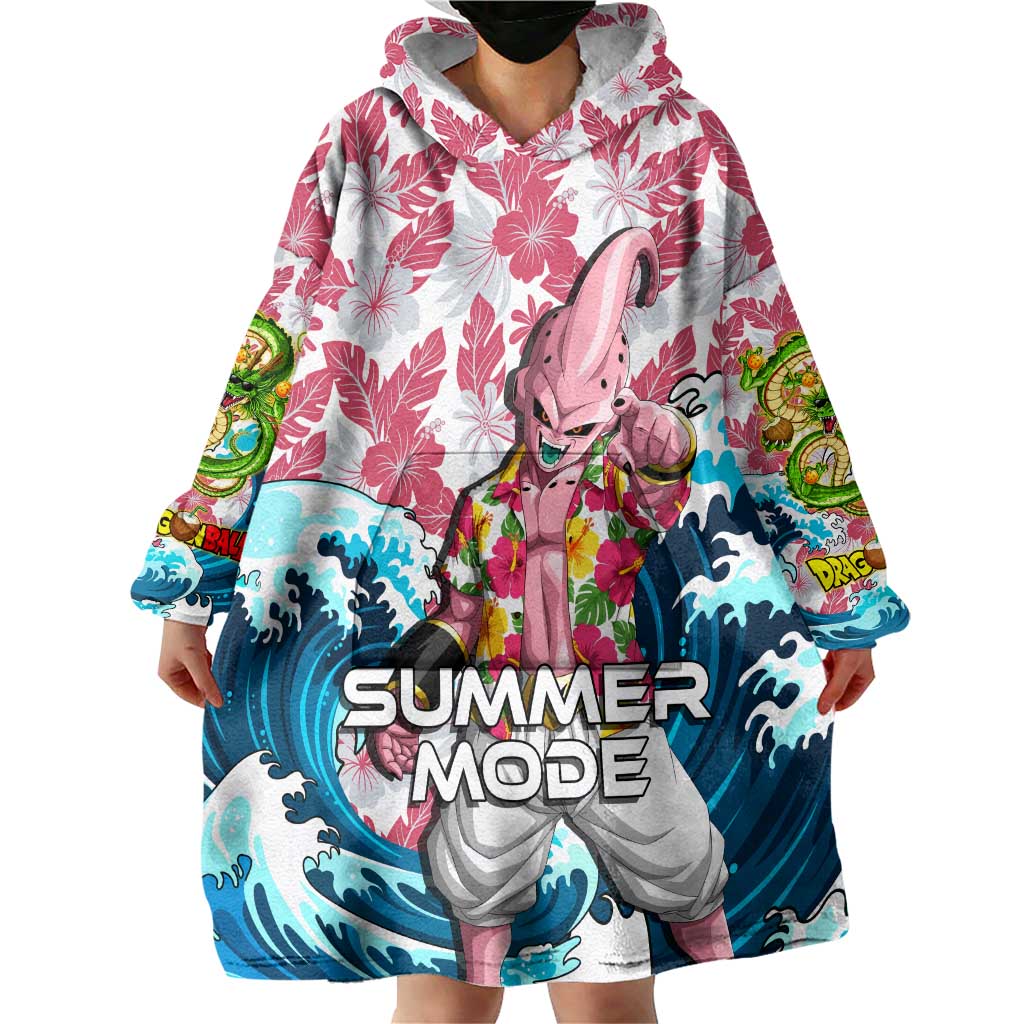 Majin Buu Dragon Ball Summer Theme Wearable Blanket Hoodie with Floral Shirt Sunglasses Shenron and Ocean Wave Background - The Mazicc