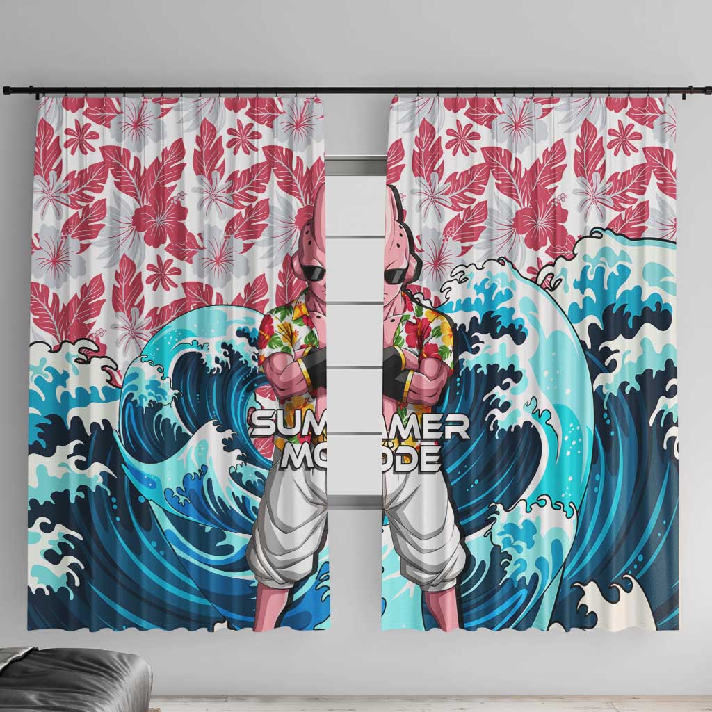 Majin Buu Dragon Ball Summer Theme Window Curtain with Floral Shirt Sunglasses Shenron and Ocean Wave Background - The Mazicc
