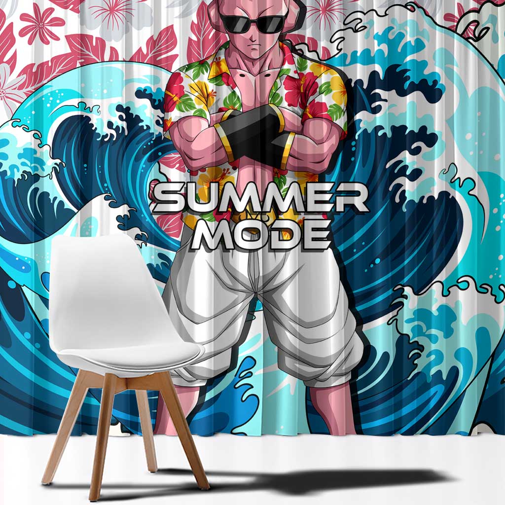 Majin Buu Dragon Ball Summer Theme Window Curtain with Floral Shirt Sunglasses Shenron and Ocean Wave Background - The Mazicc