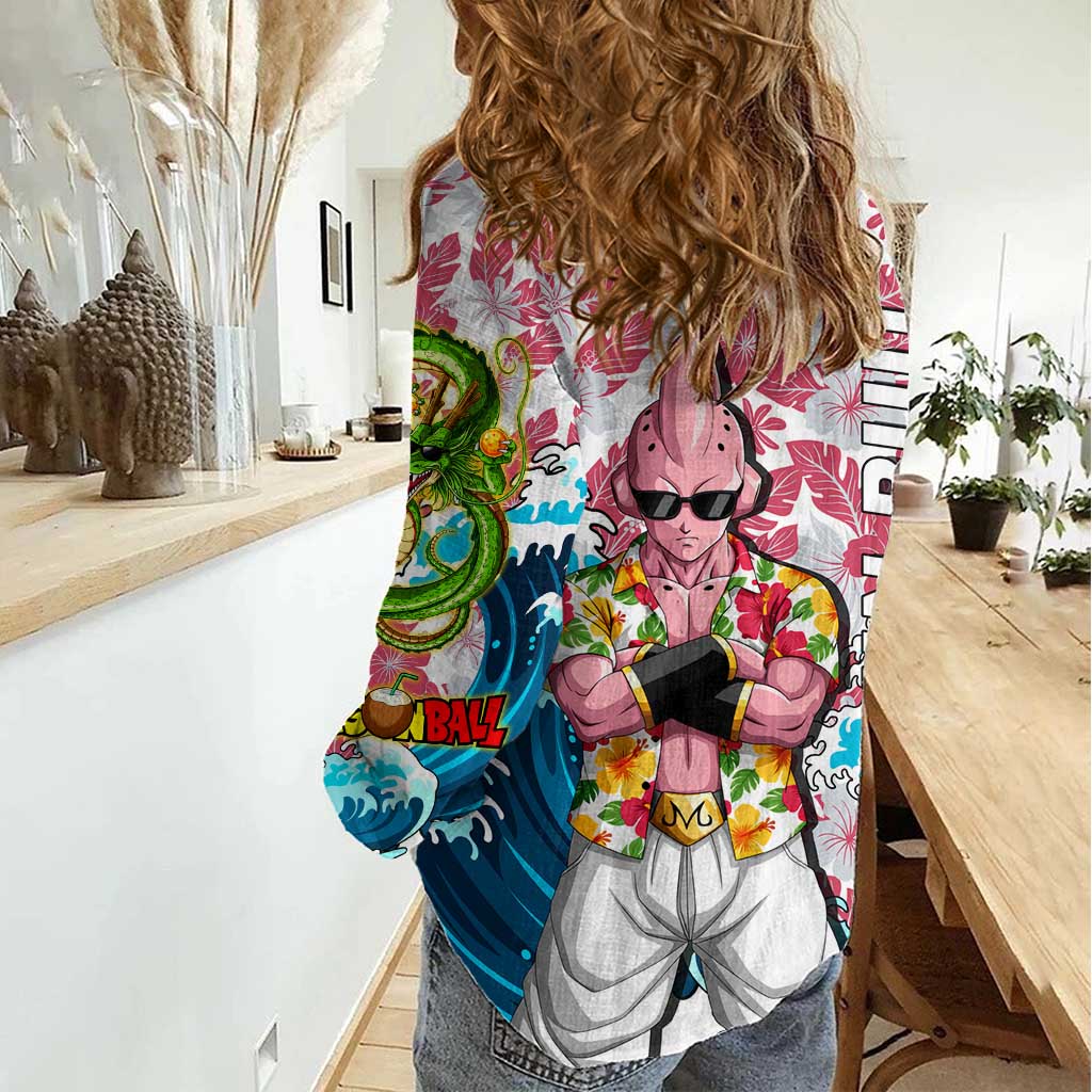 Majin Buu Dragon Ball Summer Theme Women Casual Shirt with Floral Shirt Sunglasses Shenron and Ocean Wave Background - The Mazicc