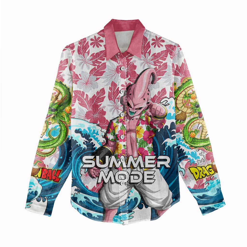 Majin Buu Dragon Ball Summer Theme Women Casual Shirt with Floral Shirt Sunglasses Shenron and Ocean Wave Background - The Mazicc