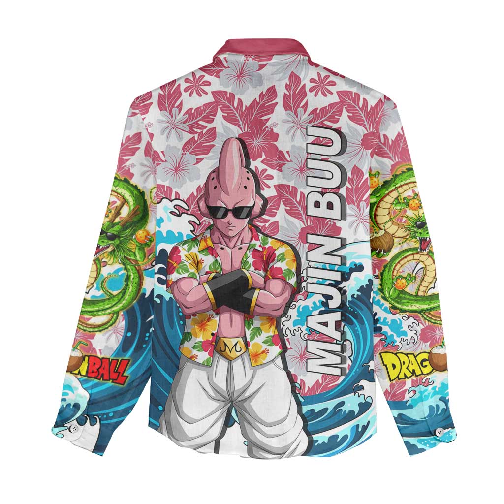 Majin Buu Dragon Ball Summer Theme Women Casual Shirt with Floral Shirt Sunglasses Shenron and Ocean Wave Background - The Mazicc