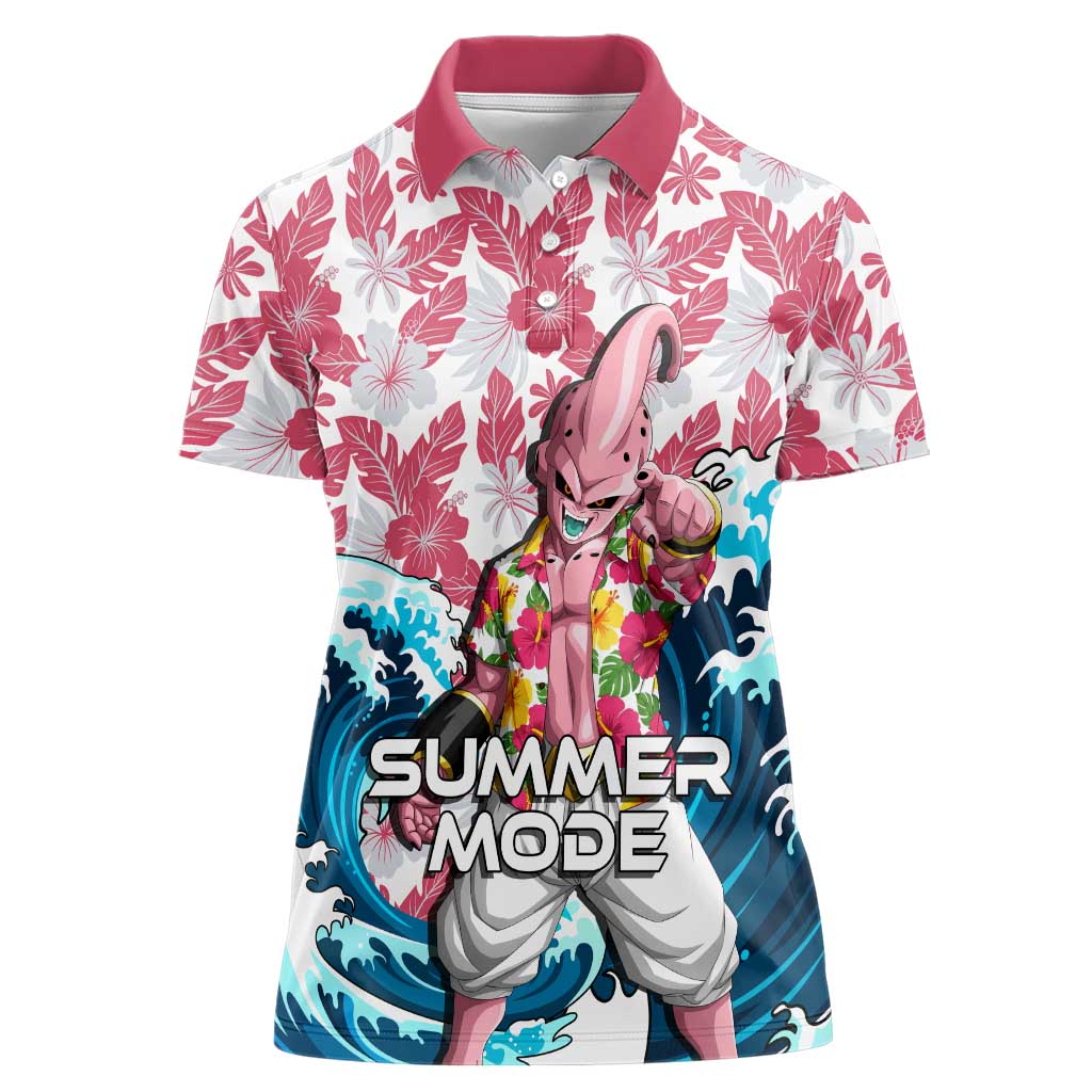 Majin Buu Dragon Ball Summer Theme Women Polo Shirt with Floral Shirt Sunglasses Shenron and Ocean Wave Background - The Mazicc