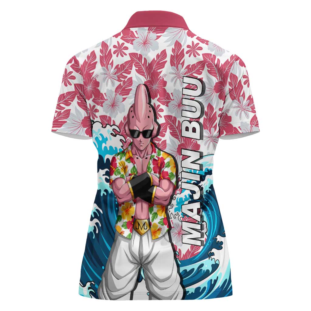 Majin Buu Dragon Ball Summer Theme Women Polo Shirt with Floral Shirt Sunglasses Shenron and Ocean Wave Background - The Mazicc