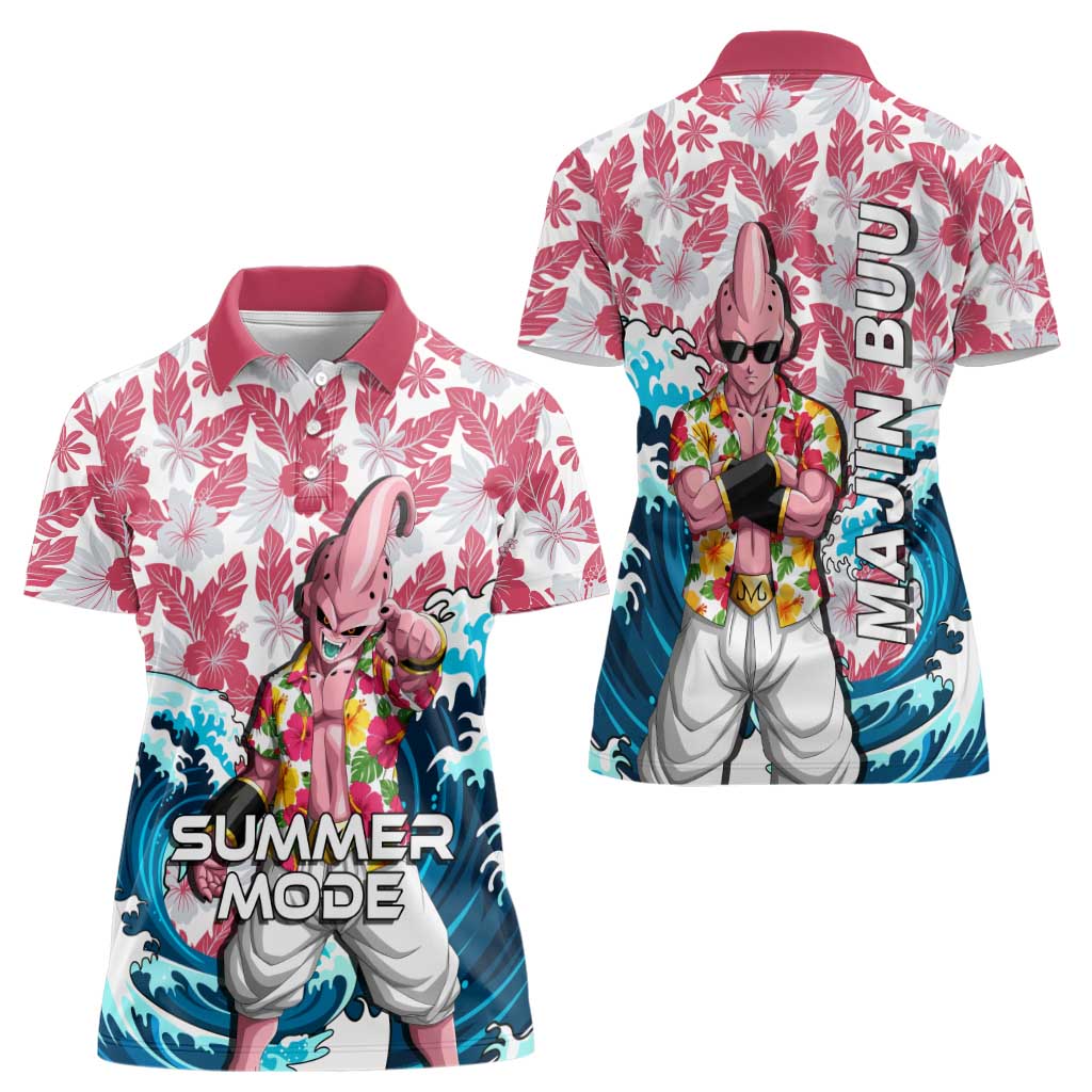 Majin Buu Dragon Ball Summer Theme Women Polo Shirt with Floral Shirt Sunglasses Shenron and Ocean Wave Background - The Mazicc