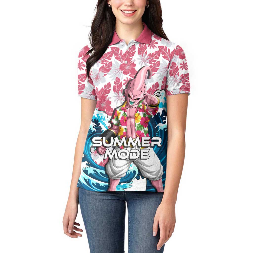 Majin Buu Dragon Ball Summer Theme Women Polo Shirt with Floral Shirt Sunglasses Shenron and Ocean Wave Background - The Mazicc