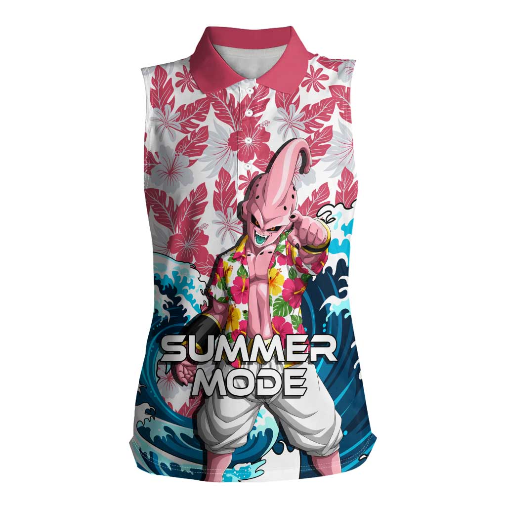 Majin Buu Dragon Ball Summer Theme Women Sleeveless Polo Shirt with Floral Shirt Sunglasses Shenron and Ocean Wave Background - The Mazicc