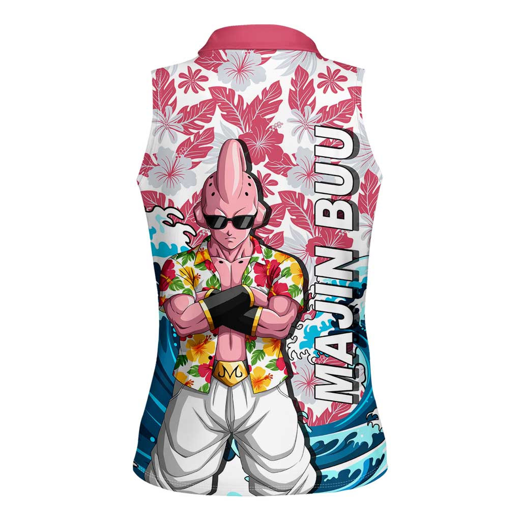 Majin Buu Dragon Ball Summer Theme Women Sleeveless Polo Shirt with Floral Shirt Sunglasses Shenron and Ocean Wave Background - The Mazicc