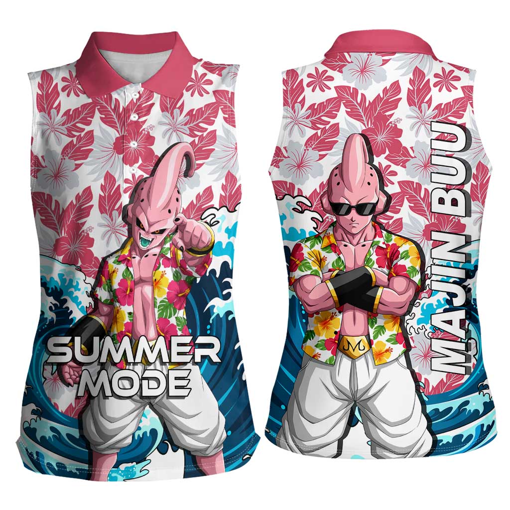 Majin Buu Dragon Ball Summer Theme Women Sleeveless Polo Shirt with Floral Shirt Sunglasses Shenron and Ocean Wave Background - The Mazicc