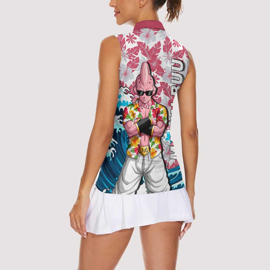 Majin Buu Dragon Ball Summer Theme Women Sleeveless Polo Shirt with Floral Shirt Sunglasses Shenron and Ocean Wave Background - The Mazicc