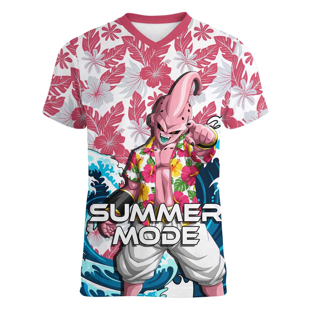 Majin Buu Dragon Ball Summer Theme Women V-Neck T-Shirt with Floral Shirt Sunglasses Shenron and Ocean Wave Background - The Mazicc