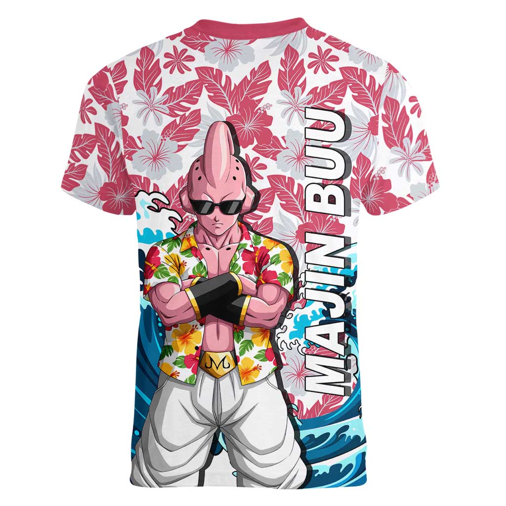 Majin Buu Dragon Ball Summer Theme Women V-Neck T-Shirt with Floral Shirt Sunglasses Shenron and Ocean Wave Background - The Mazicc