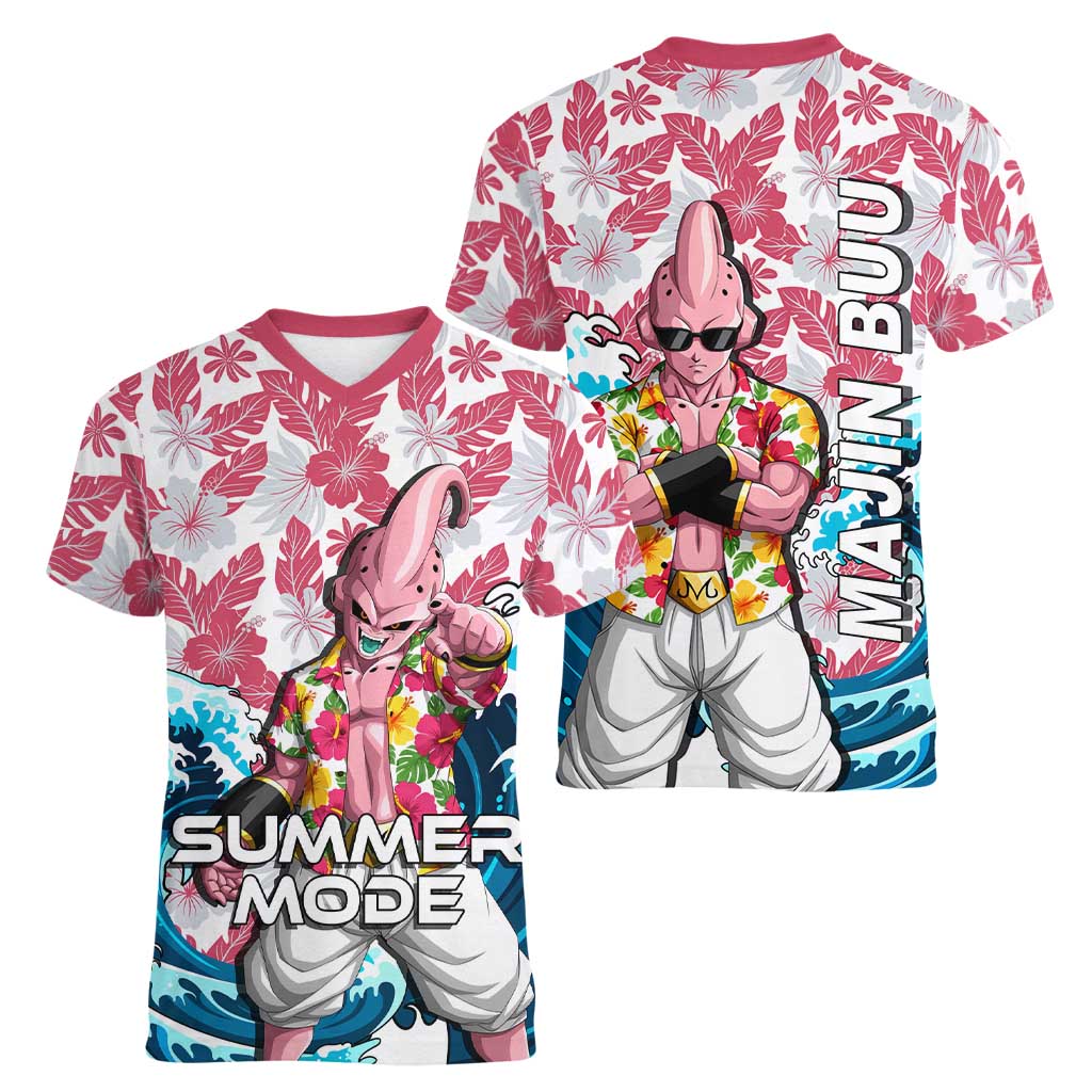 Majin Buu Dragon Ball Summer Theme Women V-Neck T-Shirt with Floral Shirt Sunglasses Shenron and Ocean Wave Background - The Mazicc