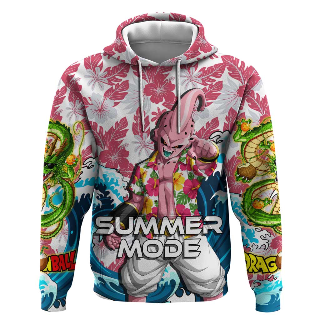 Majin Buu Dragon Ball Summer Theme Zip Hoodie with Floral Shirt Sunglasses Shenron and Ocean Wave Background - The Mazicc