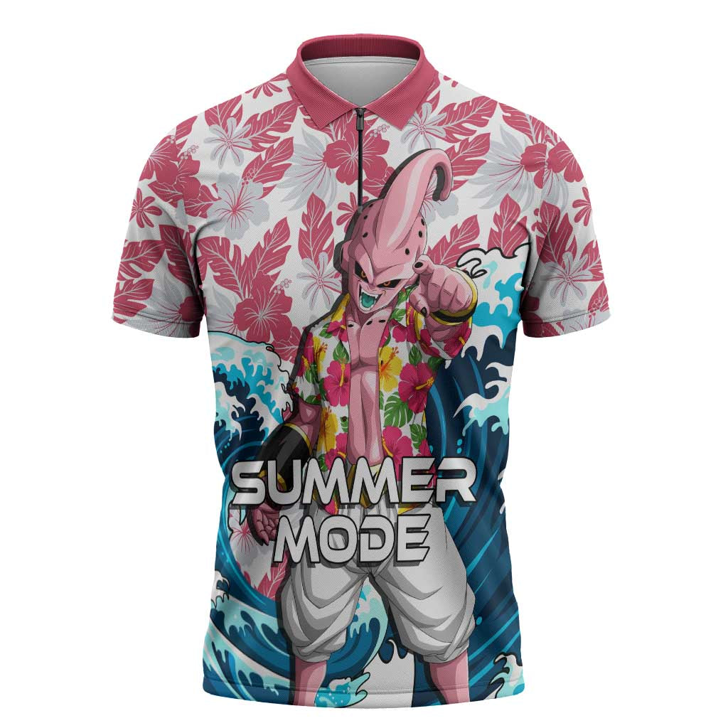 Majin Buu Dragon Ball Summer Theme Zipper Polo Shirt with Floral Shirt Sunglasses Shenron and Ocean Wave Background - The Mazicc