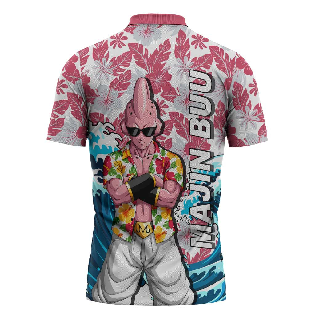 Majin Buu Dragon Ball Summer Theme Zipper Polo Shirt with Floral Shirt Sunglasses Shenron and Ocean Wave Background - The Mazicc