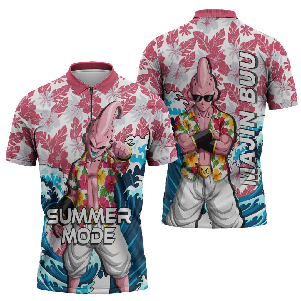 Majin Buu Dragon Ball Summer Theme Zipper Polo Shirt with Floral Shirt Sunglasses Shenron and Ocean Wave Background - The Mazicc