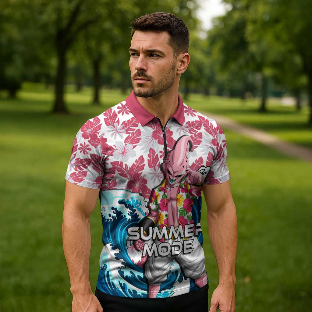 Majin Buu Dragon Ball Summer Theme Zipper Polo Shirt with Floral Shirt Sunglasses Shenron and Ocean Wave Background - The Mazicc