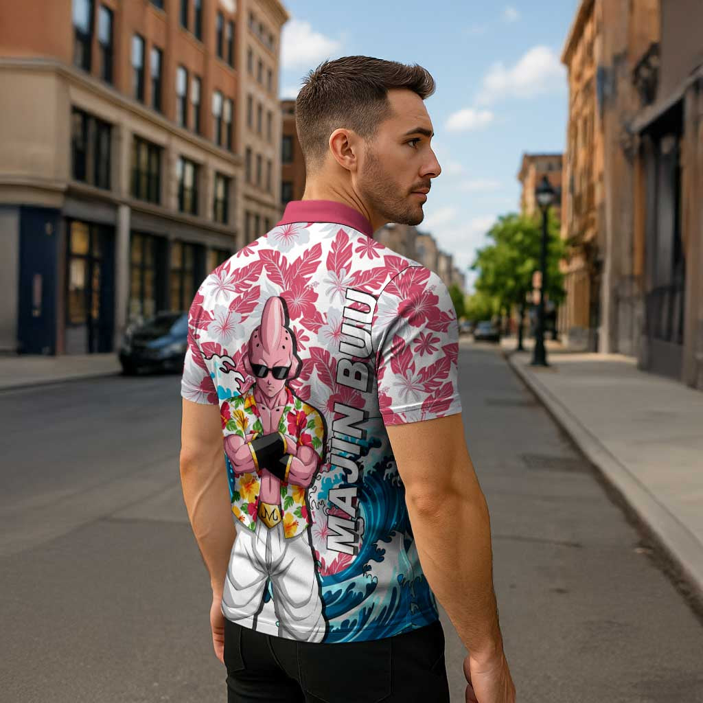 Majin Buu Dragon Ball Summer Theme Zipper Polo Shirt with Floral Shirt Sunglasses Shenron and Ocean Wave Background - The Mazicc