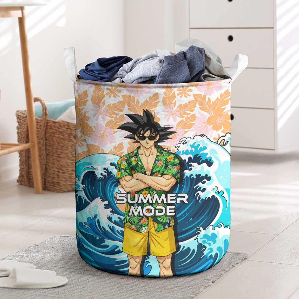Goku Dragon Ball Summer Theme Laundry Basket with Tropical Floral Shirt Sunglasses Shenron and Ocean Wave Background - The Mazicc