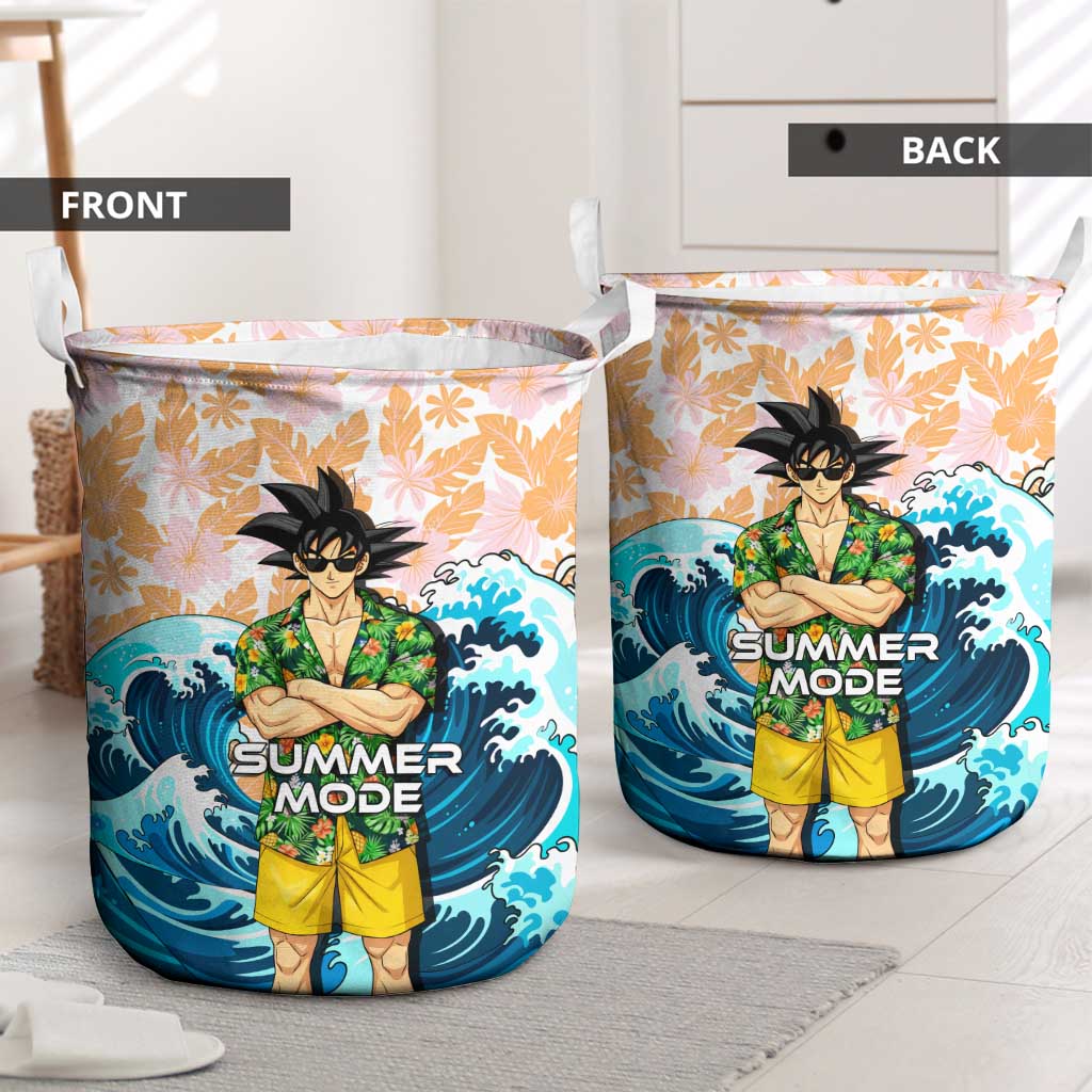 Goku Dragon Ball Summer Theme Laundry Basket with Tropical Floral Shirt Sunglasses Shenron and Ocean Wave Background - The Mazicc