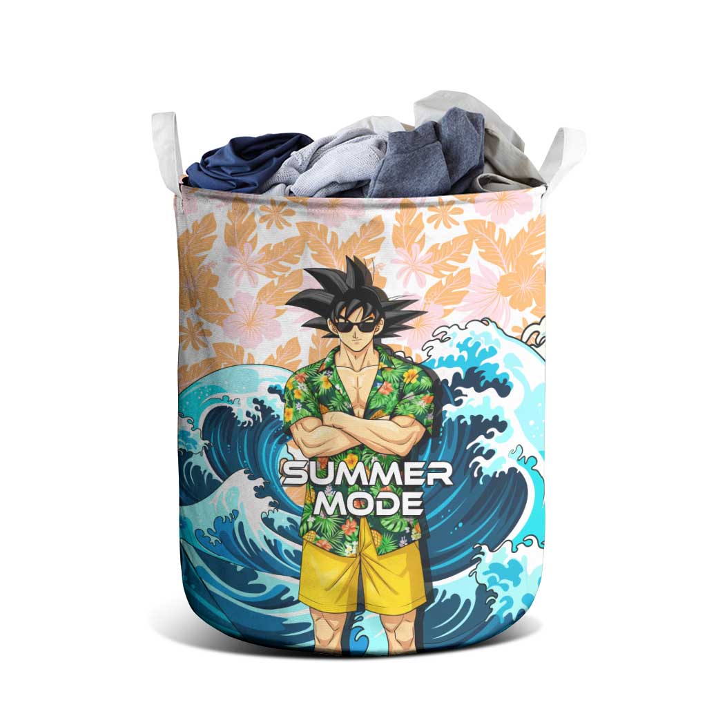 Goku Dragon Ball Summer Theme Laundry Basket with Tropical Floral Shirt Sunglasses Shenron and Ocean Wave Background - The Mazicc
