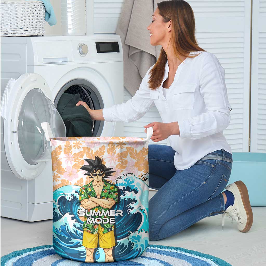 Goku Dragon Ball Summer Theme Laundry Basket with Tropical Floral Shirt Sunglasses Shenron and Ocean Wave Background - The Mazicc
