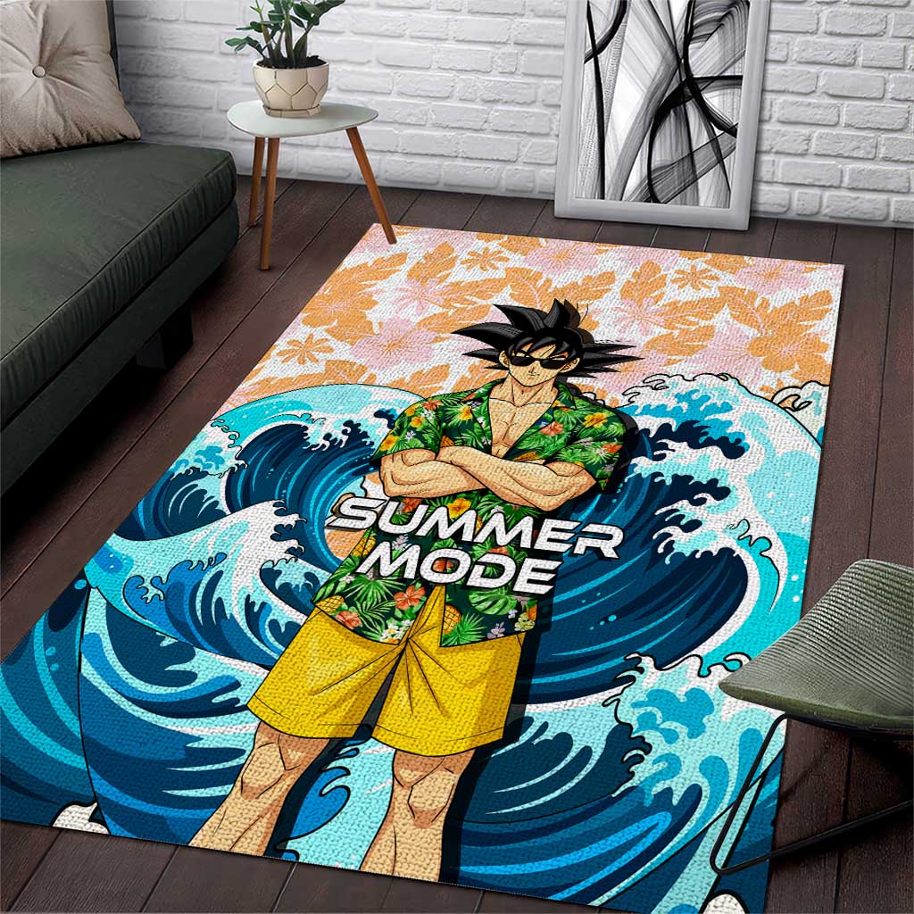 Goku Dragon Ball Summer Theme Area Rug with Tropical Floral Shirt Sunglasses Shenron and Ocean Wave Background - The Mazicc