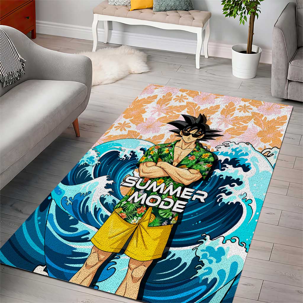 Goku Dragon Ball Summer Theme Area Rug with Tropical Floral Shirt Sunglasses Shenron and Ocean Wave Background - The Mazicc