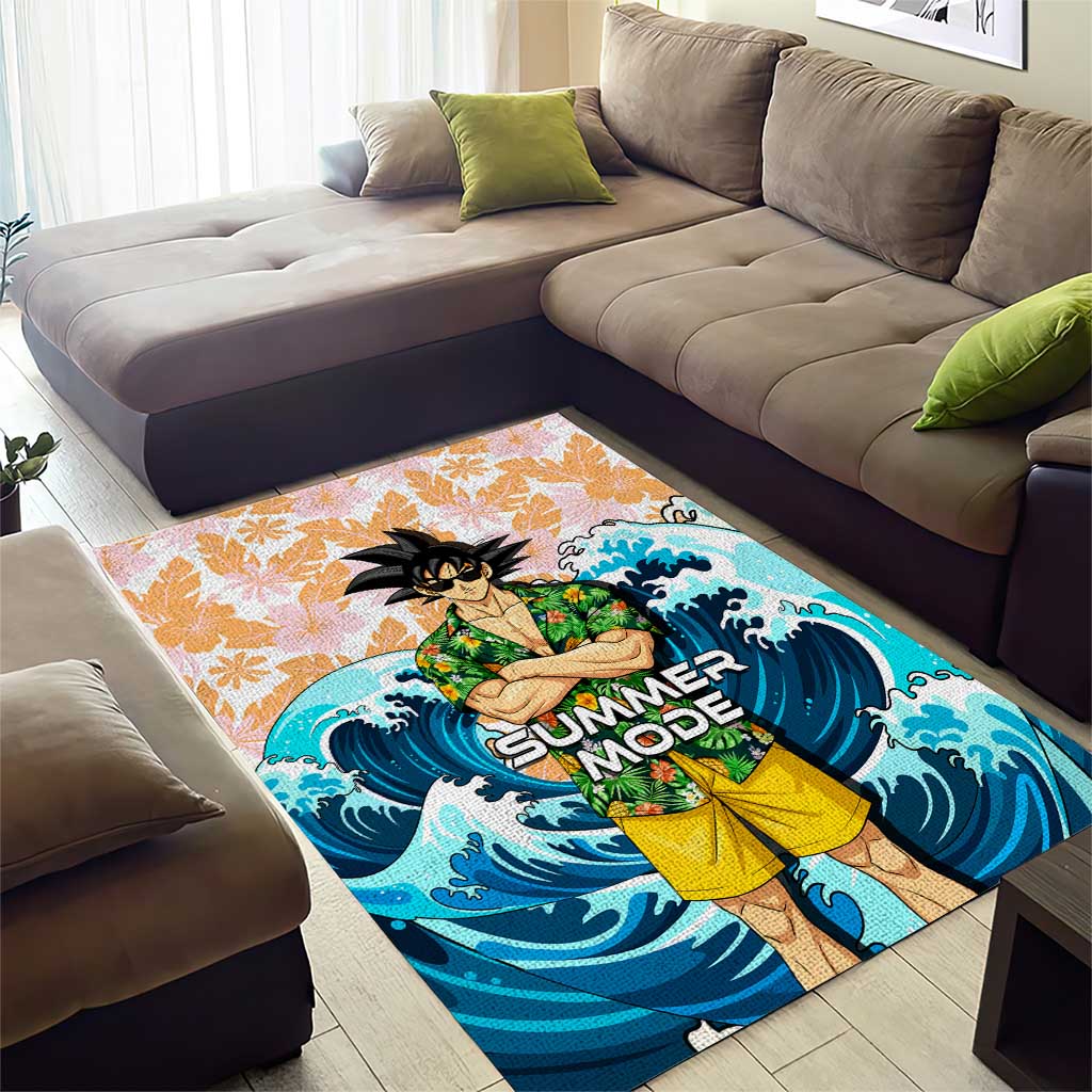 Goku Dragon Ball Summer Theme Area Rug with Tropical Floral Shirt Sunglasses Shenron and Ocean Wave Background - The Mazicc