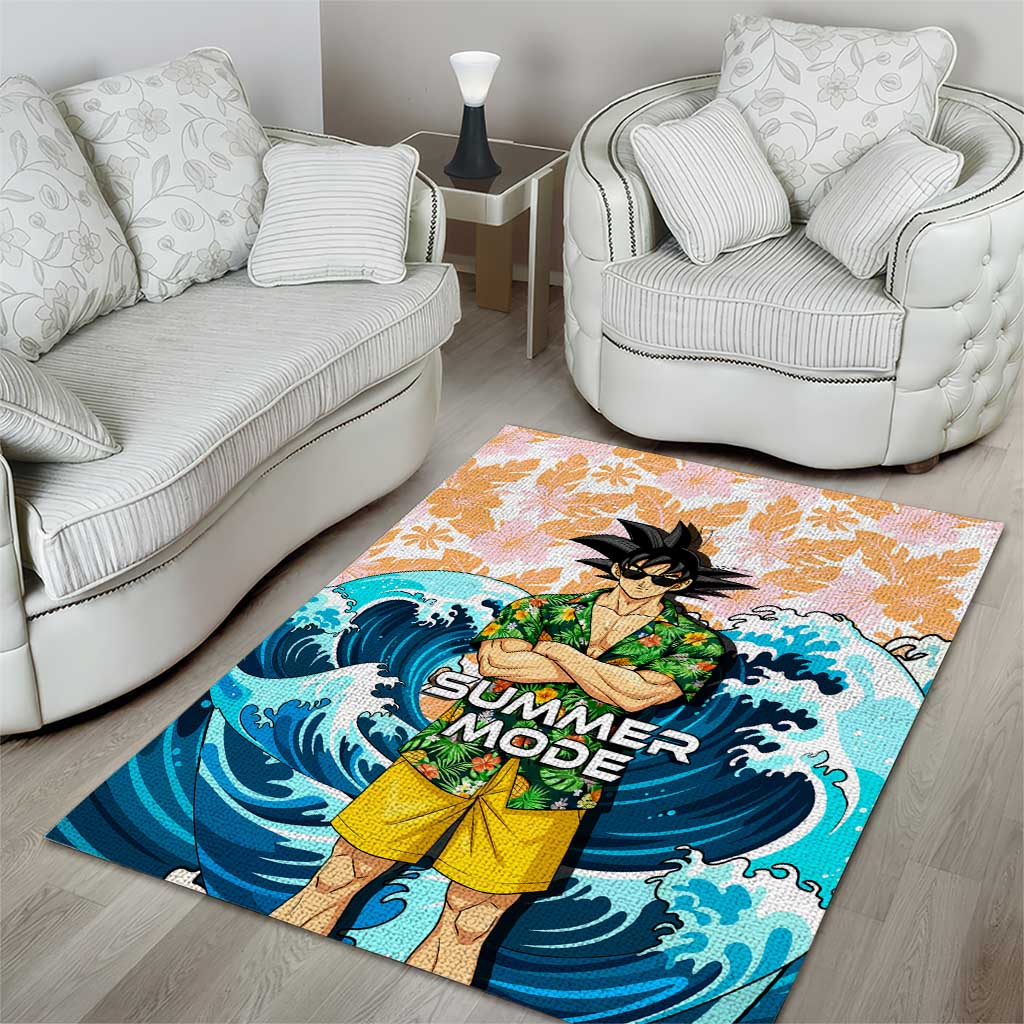 Goku Dragon Ball Summer Theme Area Rug with Tropical Floral Shirt Sunglasses Shenron and Ocean Wave Background - The Mazicc