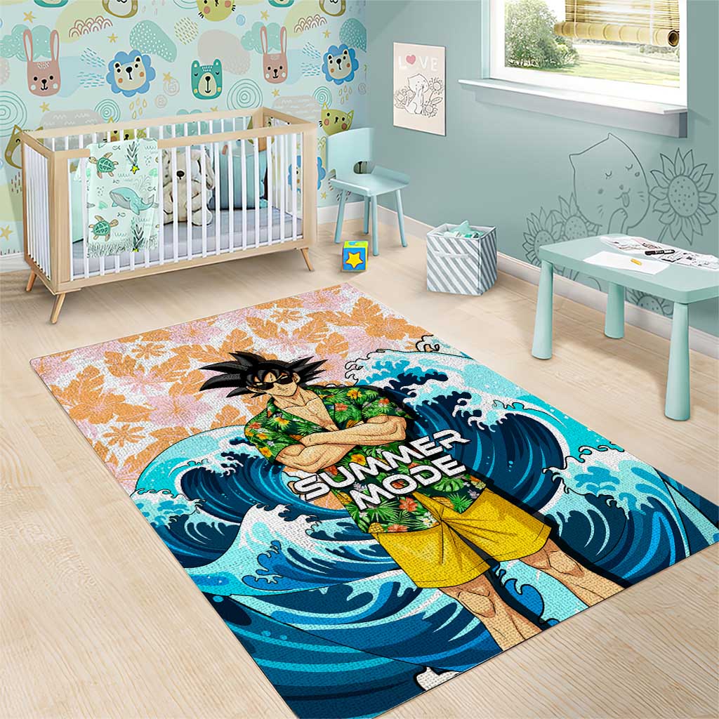 Goku Dragon Ball Summer Theme Area Rug with Tropical Floral Shirt Sunglasses Shenron and Ocean Wave Background - The Mazicc