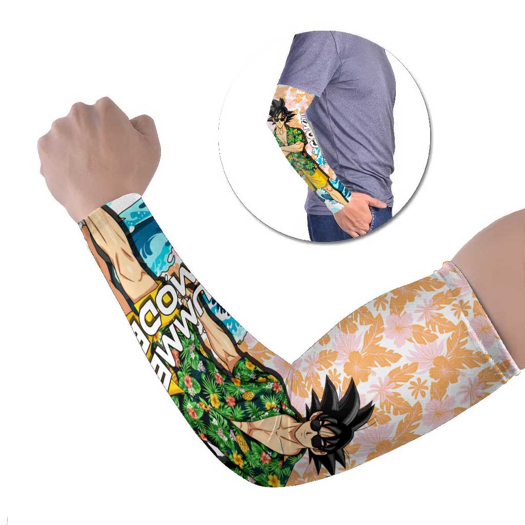 Goku Dragon Ball Summer Theme Arm Sleeves with Tropical Floral Shirt Sunglasses Shenron and Ocean Wave Background - The Mazicc