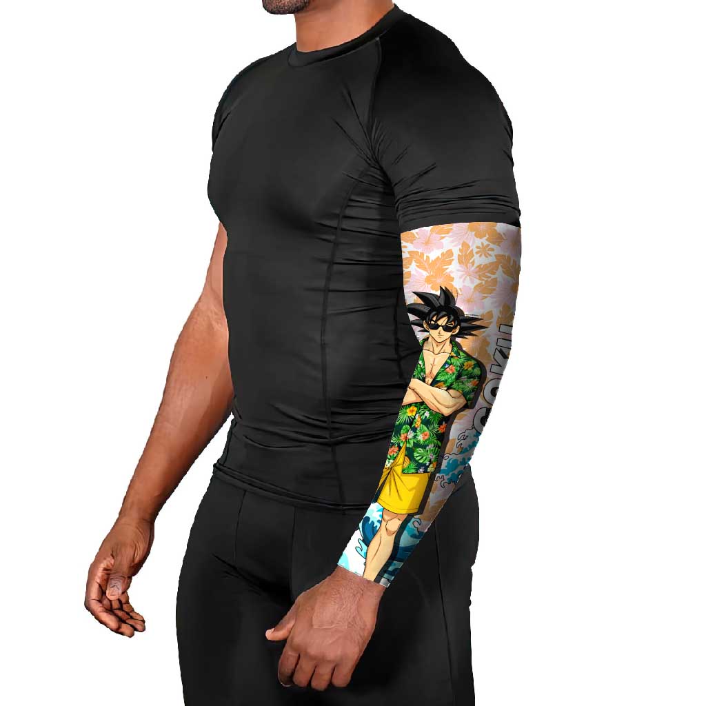 Goku Dragon Ball Summer Theme Arm Sleeves with Tropical Floral Shirt Sunglasses Shenron and Ocean Wave Background - The Mazicc