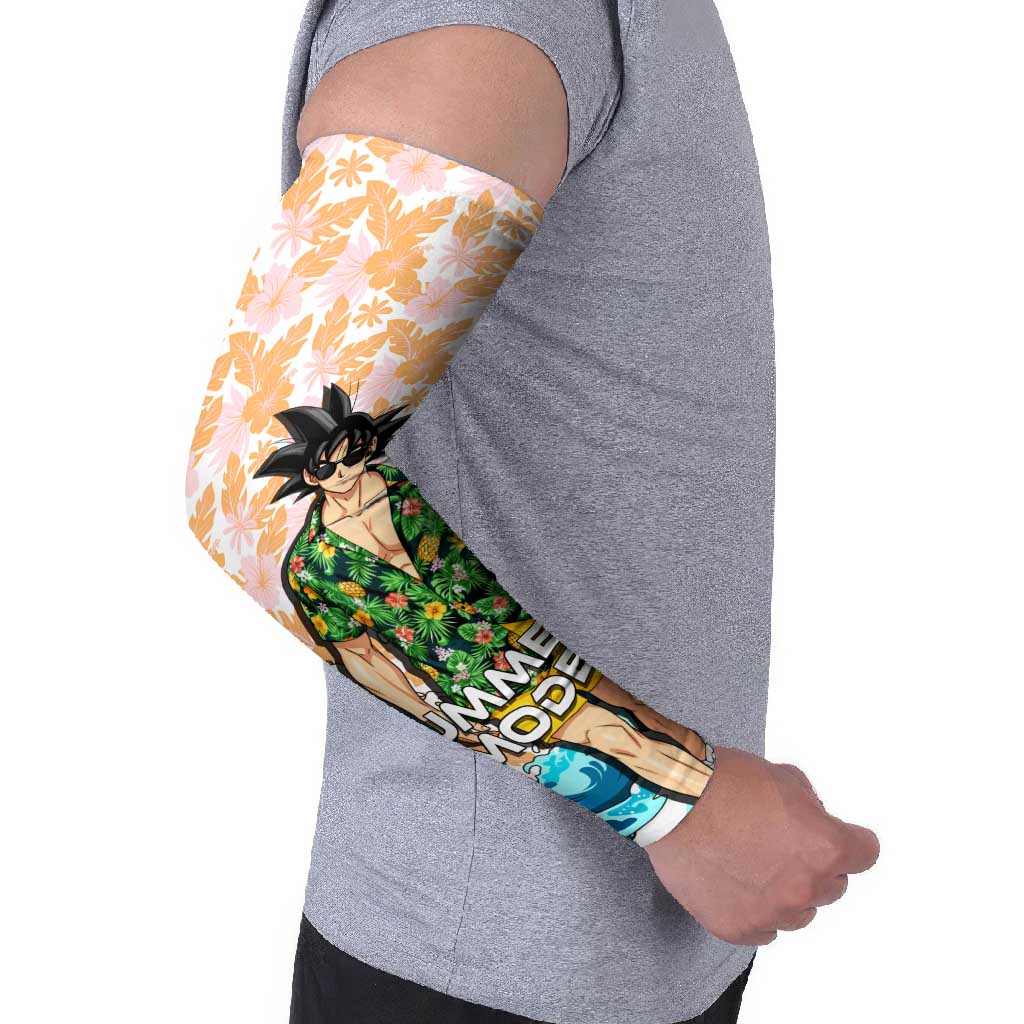 Goku Dragon Ball Summer Theme Arm Sleeves with Tropical Floral Shirt Sunglasses Shenron and Ocean Wave Background - The Mazicc