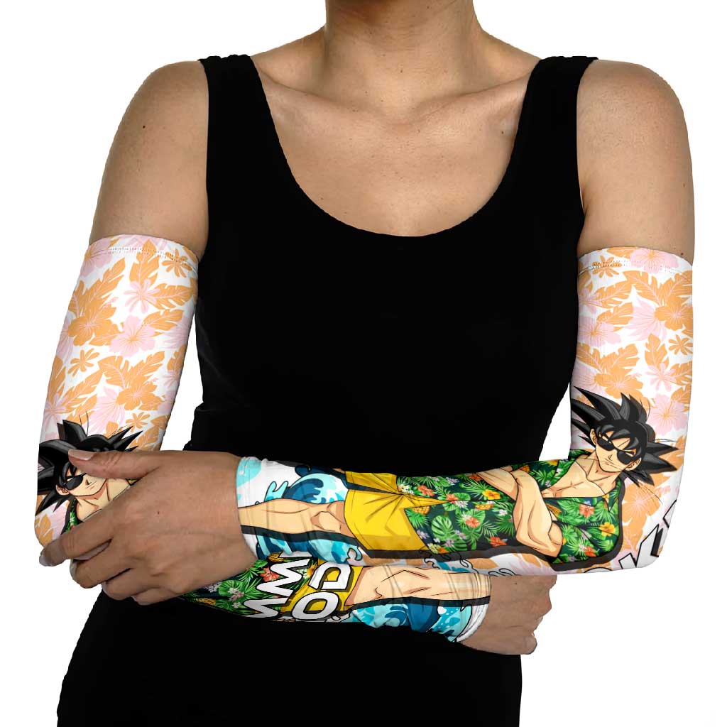 Goku Dragon Ball Summer Theme Arm Sleeves with Tropical Floral Shirt Sunglasses Shenron and Ocean Wave Background - The Mazicc