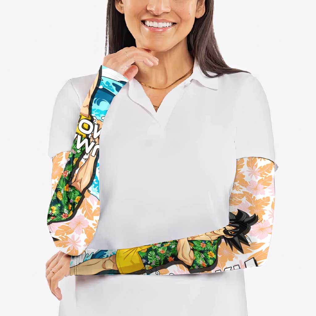 Goku Dragon Ball Summer Theme Arm Sleeves with Tropical Floral Shirt Sunglasses Shenron and Ocean Wave Background - The Mazicc