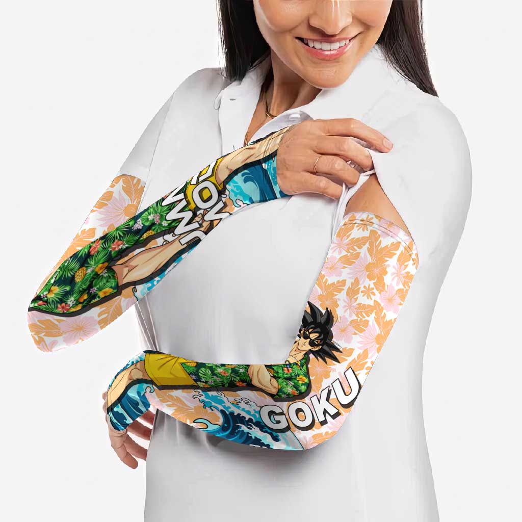 Goku Dragon Ball Summer Theme Arm Sleeves with Tropical Floral Shirt Sunglasses Shenron and Ocean Wave Background - The Mazicc