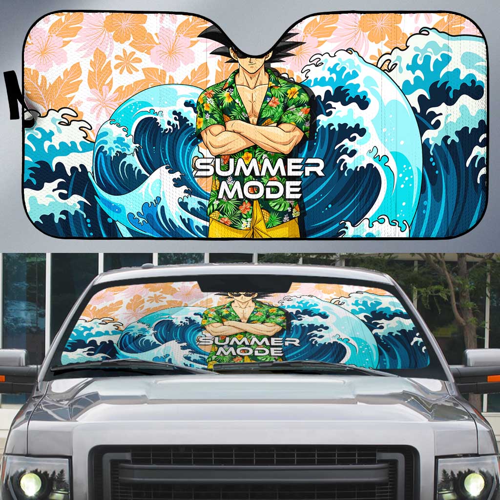 Goku Dragon Ball Summer Theme Auto Sun Shade with Tropical Floral Shirt Sunglasses Shenron and Ocean Wave Background - The Mazicc