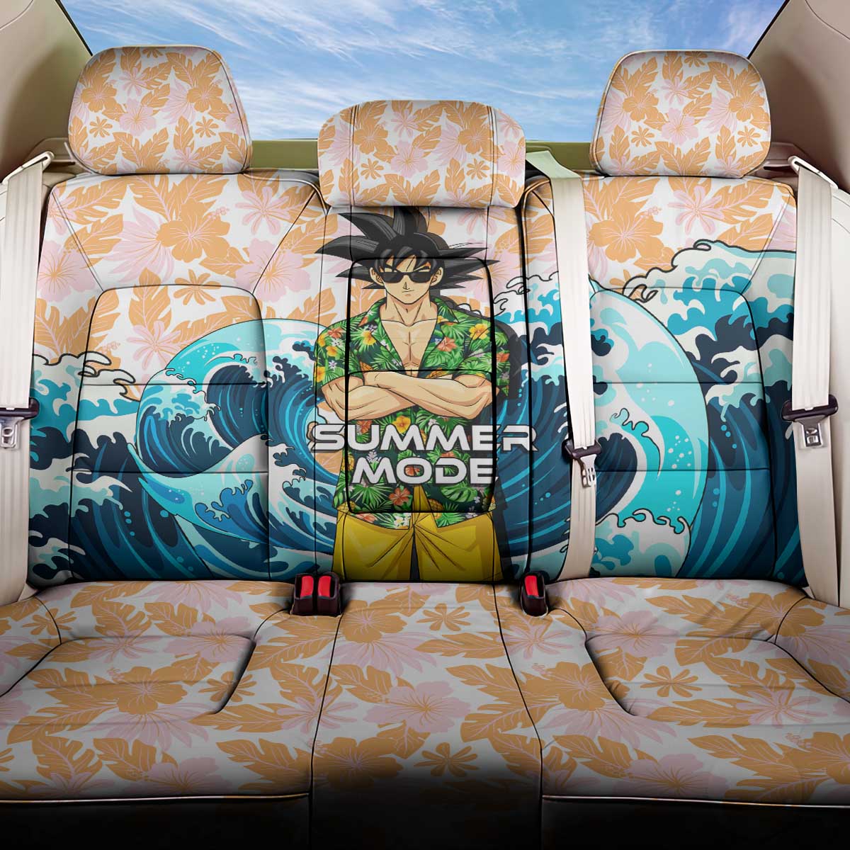 Goku Dragon Ball Summer Theme Back Car Seat Cover with Tropical Floral Shirt Sunglasses Shenron and Ocean Wave Background - The Mazicc