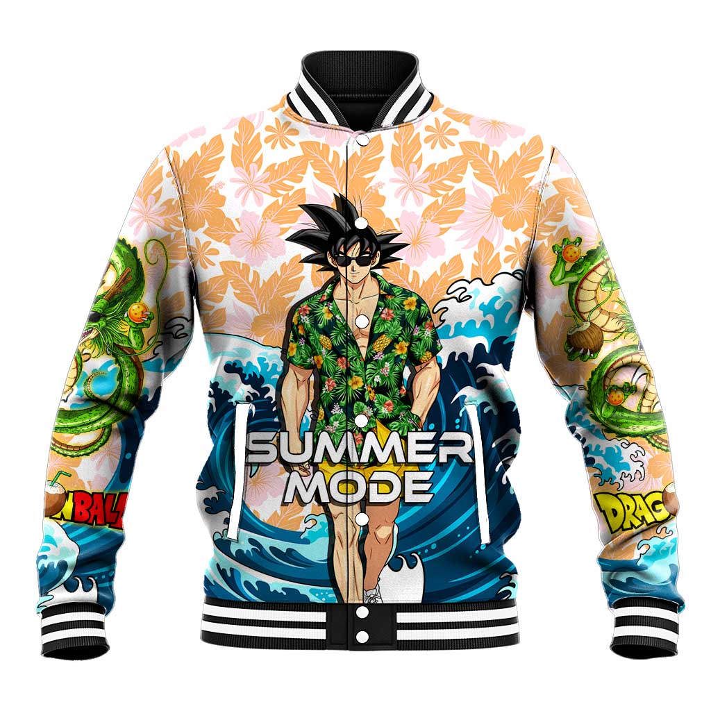 Goku Dragon Ball Summer Theme Baseball Jacket with Tropical Floral Shirt Sunglasses Shenron and Ocean Wave Background - The Mazicc