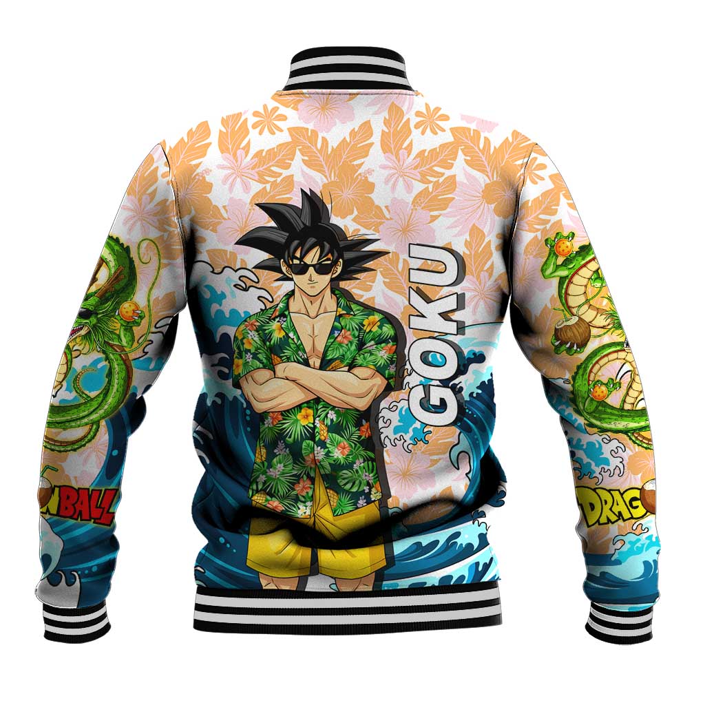 Goku Dragon Ball Summer Theme Baseball Jacket with Tropical Floral Shirt Sunglasses Shenron and Ocean Wave Background - The Mazicc