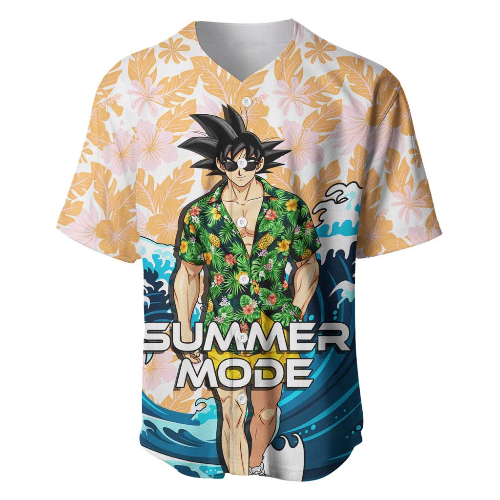 Goku Dragon Ball Summer Theme Baseball Jersey with Tropical Floral Shirt Sunglasses Shenron and Ocean Wave Background - The Mazicc