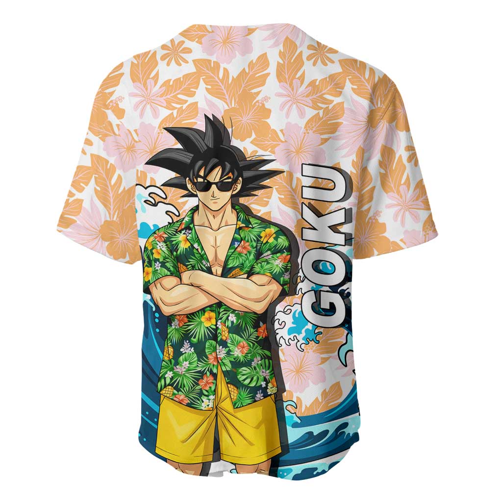 Goku Dragon Ball Summer Theme Baseball Jersey with Tropical Floral Shirt Sunglasses Shenron and Ocean Wave Background - The Mazicc