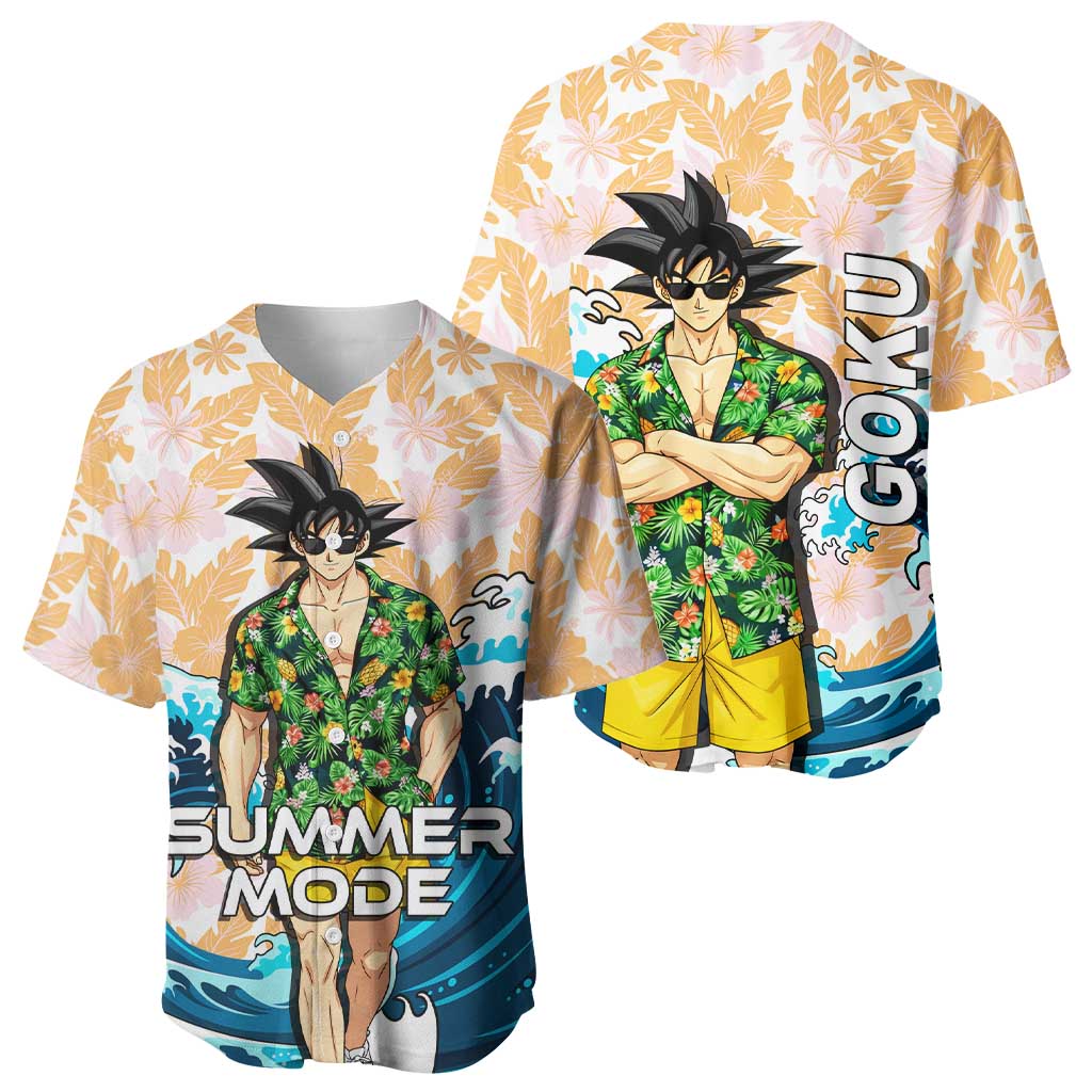 Goku Dragon Ball Summer Theme Baseball Jersey with Tropical Floral Shirt Sunglasses Shenron and Ocean Wave Background - The Mazicc