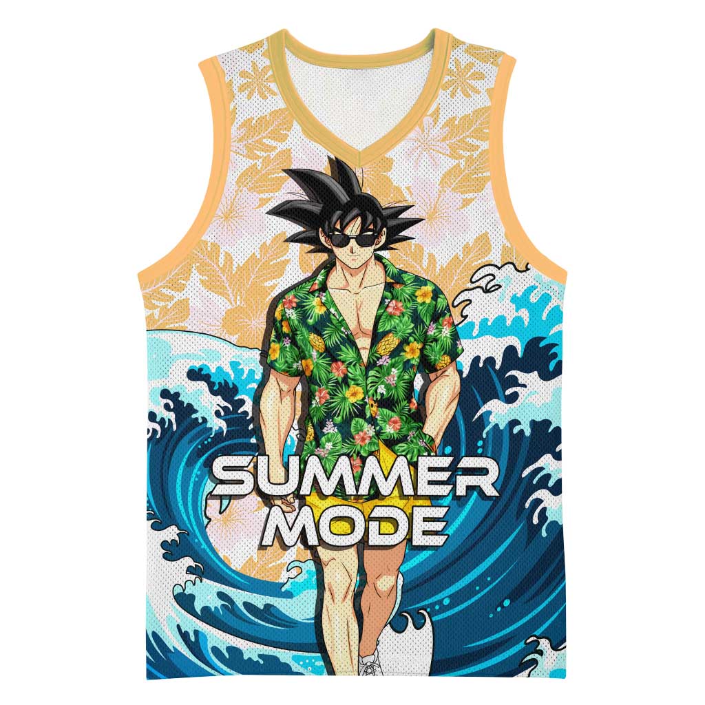 Goku Dragon Ball Summer Theme Basketball Jersey with Tropical Floral Shirt Sunglasses Shenron and Ocean Wave Background - The Mazicc