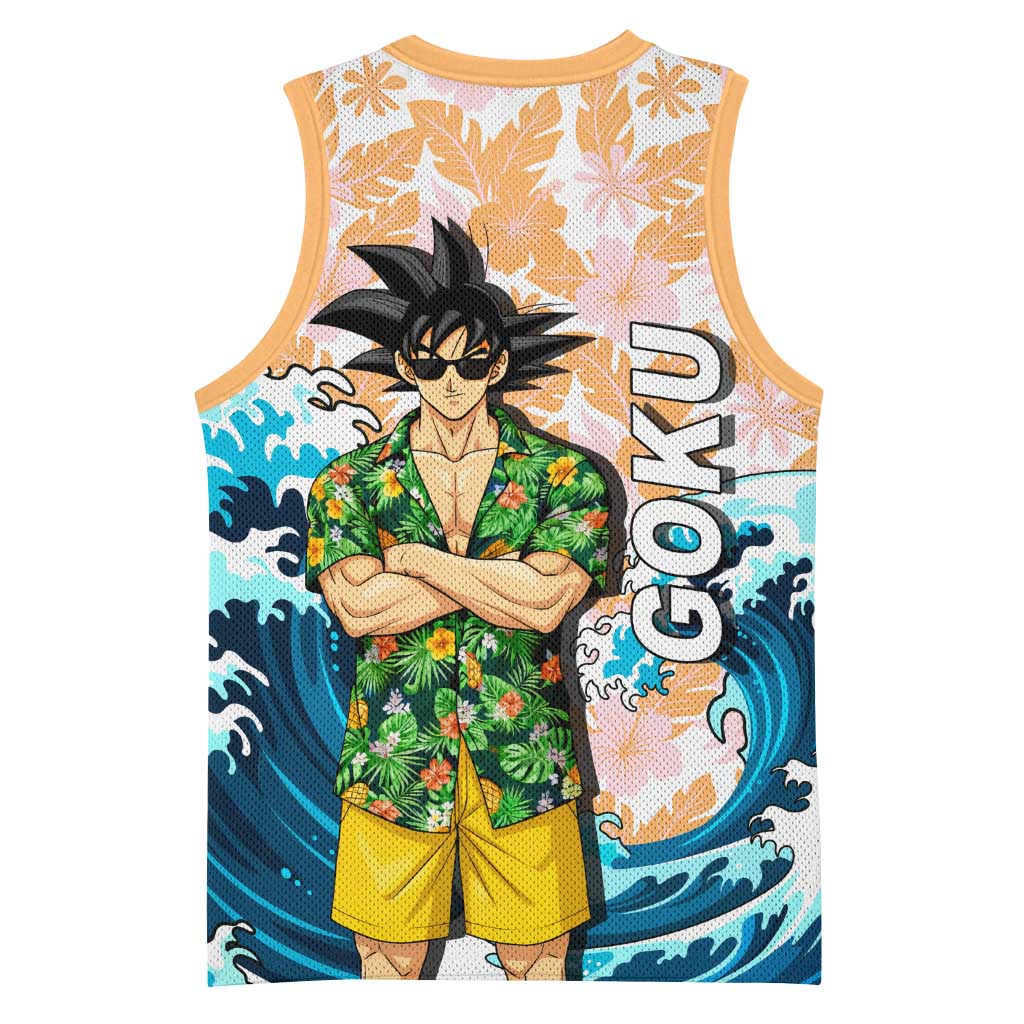 Goku Dragon Ball Summer Theme Basketball Jersey with Tropical Floral Shirt Sunglasses Shenron and Ocean Wave Background - The Mazicc