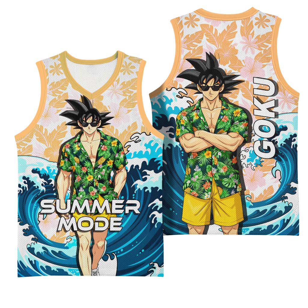 Goku Dragon Ball Summer Theme Basketball Jersey with Tropical Floral Shirt Sunglasses Shenron and Ocean Wave Background - The Mazicc