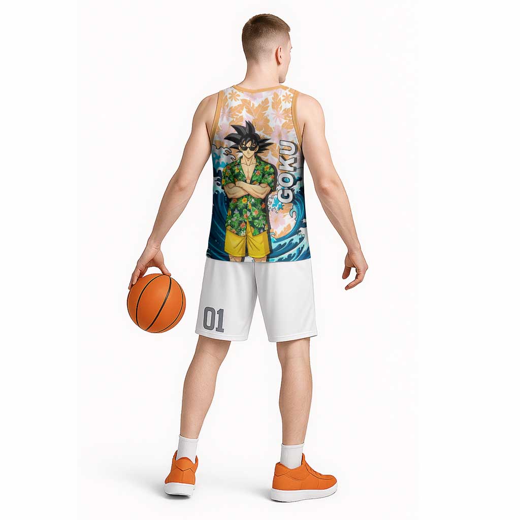 Goku Dragon Ball Summer Theme Basketball Jersey with Tropical Floral Shirt Sunglasses Shenron and Ocean Wave Background - The Mazicc